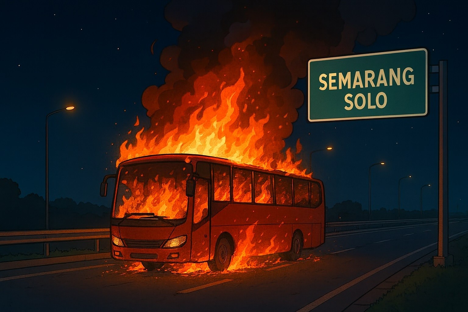 Bus Wisata Rombongan Guru TK Tembalang Terbakar di Tol Semarang–Solo