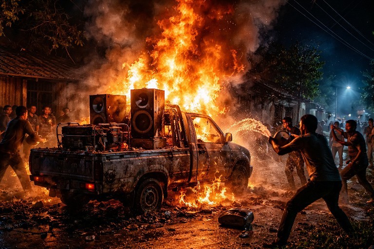 Pikap Pengangkut Sound Ronda Sahur Terbakar di Trenggalek, Diduga Akibat Tumpahan BBM Genset
