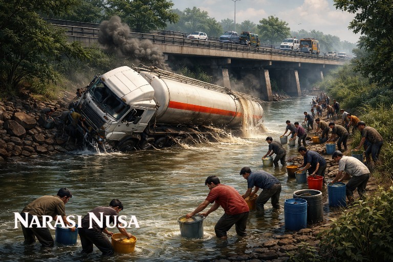 Truk Tangki Muat Solar Terjun ke Sungai di Tol Jombang–Mojokerto, Warga Ramai Ambil BBM Tumpah