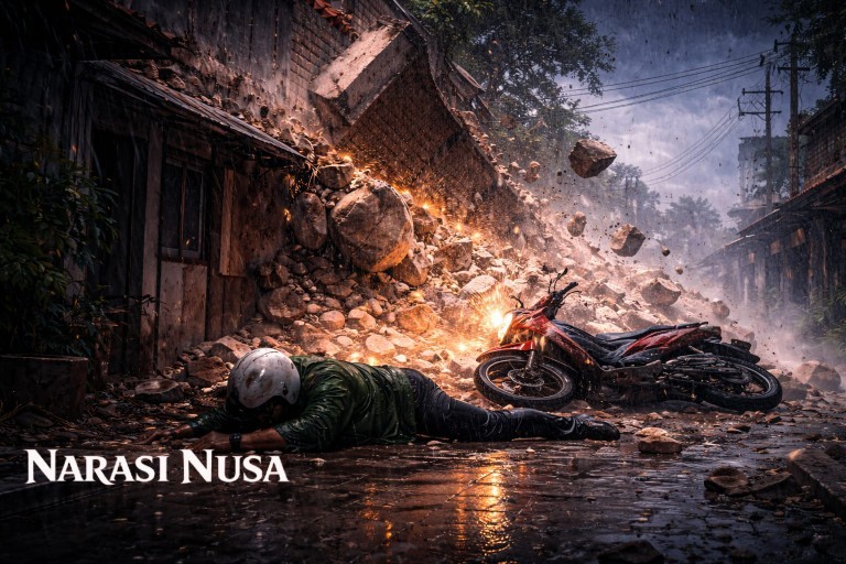 Pengendara Motor Tertimpa Tembok Saat Hujan Deras di Kebraon Surabaya, Korban Kritis