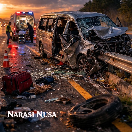 Minibus Tabrak Pembatas di Tol Ngawi–Solo, Pemudik Tewas dan 7 Luka Diduga Sopir Mengantuk